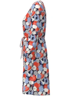 Robe courte marine imprimé tacheté à coupe droite col v et à manches longues