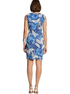 Robe courte marine à imprimé végétal ,coupe cintrée, col v sans manches