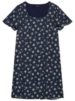 Robe courte marine à motifs floraux avec une coupe droite et un col carré