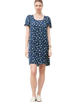 Robe courte marine à motifs floraux avec une coupe droite et un col carré