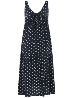 Robe courte marine à pois avec manches à bretelles réglables par un noeud