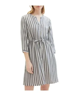 Robe courte marine rayée coupe droite col tunisien et à manches longues