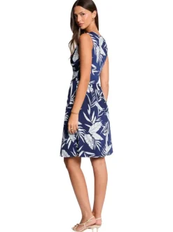 Robe courte marine sans manche à coupe droite pourvue d'un col v croisé