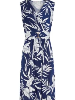 Robe courte marine sans manche à coupe droite pourvue d'un col v croisé