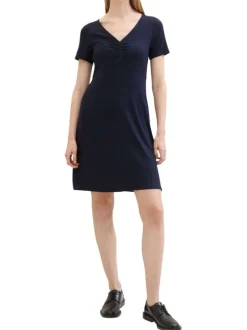 Robe courte marine unie coupe ajustée col v et à manches courtes
