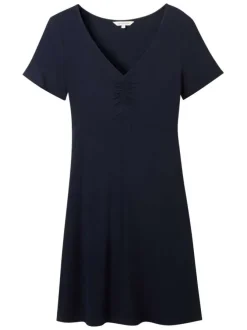 Robe courte marine unie coupe ajustée col v et à manches courtes