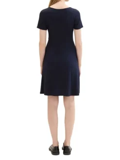 Robe courte marine unie coupe ajustée col v et à manches courtes