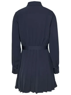 Robe courte marine unie plissée et cintrée à col à revers et manches longues
