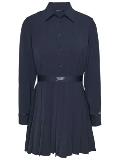 Robe courte marine unie plissée et cintrée à col à revers et manches longues