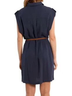 Robe courte marine unie pourvue d'un col chemise et d'une coupe droite