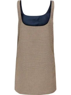 Robe courte marron à bretelles imprimé pied de poule à coupe droite et col carré