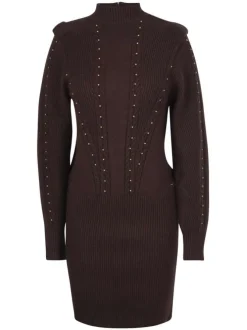 Robe courte marron unie coupe droite avec un col montant et un 1/2 zip dans le dos