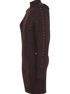Robe courte marron unie coupe droite avec un col montant et un 1/2 zip dans le dos