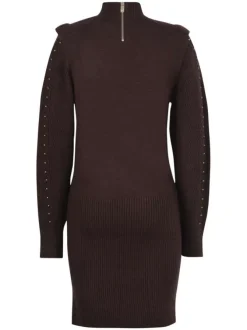 Robe courte marron unie coupe droite avec un col montant et un 1/2 zip dans le dos