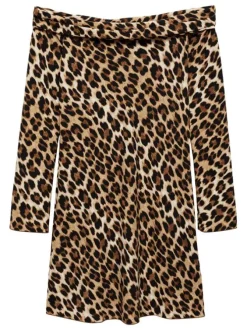 Robe courte à motif léopard avec coupe cintrée, col bateau et manches longues