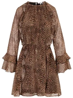 Robe courte à motifs léopards avec une coupe fluide et un col rond