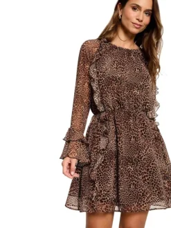 Robe courte à motifs léopards avec une coupe fluide et un col rond