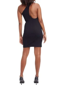 Robe courte moulante noire unie avec un col asymétrique à une seule bretelle