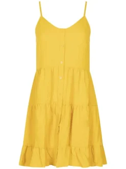 Robe courte moutarde unie avec un col v arrondi et à bretelles réglables
