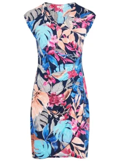 Robe courte multicolore coupe cintrée sans manche pourvue d'un col v