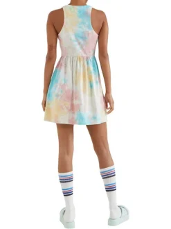 Robe courte multicolore en coton biologique col rond et sans manches coupe ample