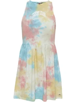 Robe courte multicolore en coton biologique col rond et sans manches coupe ample