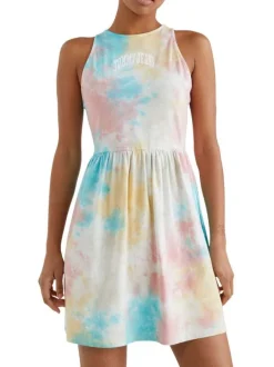 Robe courte multicolore en coton biologique col rond et sans manches coupe ample