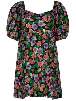 Robe courte multicolore en coton à maille effet gaufrée col v à manches courtes