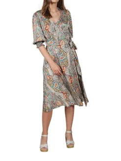 Robe courte multicolore fantaisie coupe droite avec un col v et l'extrémité des manches smockée
