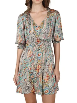 Robe courte multicolore fantaisie coupe droite avec un col v et l'extrémité des manches smockée