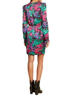 Robe courte multicolore fleurie avec une coupe asymétrique et col cache-coeur