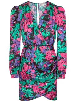 Robe courte multicolore fleurie avec une coupe asymétrique et col cache-coeur