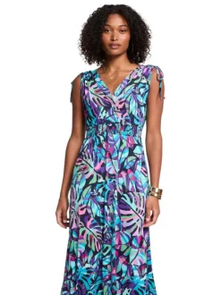 Robe courte multicolore fleurie avec une coupe droite et un col v