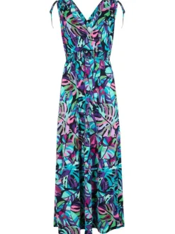 Robe courte multicolore fleurie avec une coupe droite et un col v