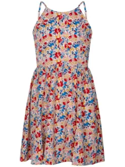 Robe courte multicolore fleurie coupe évasé avec un col rond et des fines bretelles