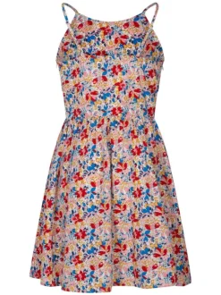 Robe courte multicolore fleurie coupe évasé avec un col rond et des fines bretelles