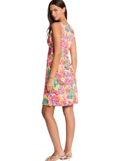 Robe courte multicolore florale avec une coupe évasée et un col en V