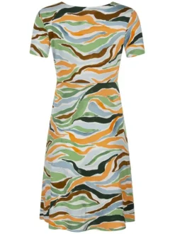 Robe courte multicolore imprimé abstrait avec une coupe droite et un col v