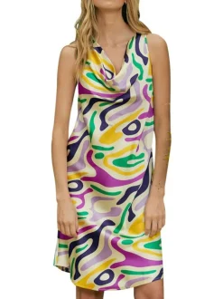 Robe courte multicolore imprimé abstrait à coupe droite et col bénitier