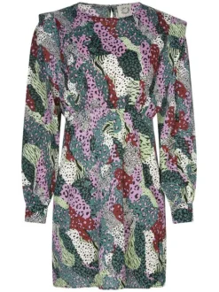 Robe courte multicolore imprimé animal avec col rond et volants au niveau des épaules