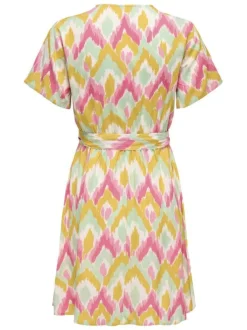 Robe courte multicolore imprimée avec un col v et une ceinture à nouer