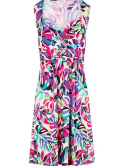 Robe courte multicolore imprimée avec une coupe droite et un col v