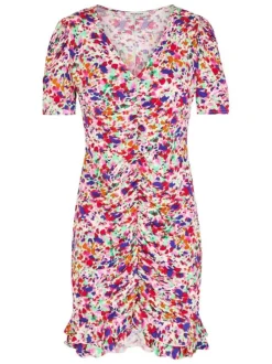 Robe courte multicolore imprimée avec une coupe moulante et un col en V