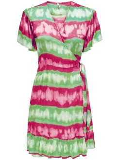 Robe courte multicolore imprimée coupe ajustée col v et à manches courtes