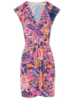 Robe courte multicolore imprimée à coupe près du corps et à col cache-coeur