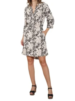 Robe courte multicolore imprimé feuille all-over coupe asymétrique avec un col v et un lien à nouer à l'avant