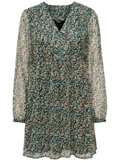 Robe courte multicolore imprimé fleuri avec une coupe patineuse et un col v