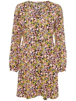 Robe courte multicolore imprimé floral avec une coupe patineuse et un col v