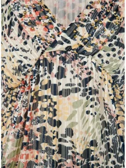 Robe courte multicolore imprimé léopard à coupe babydoll col v et à manche 3/4