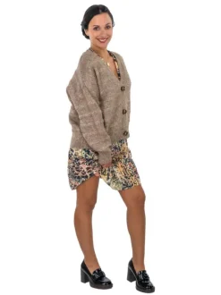 Robe courte multicolore imprimé léopard à coupe babydoll col v et à manche 3/4